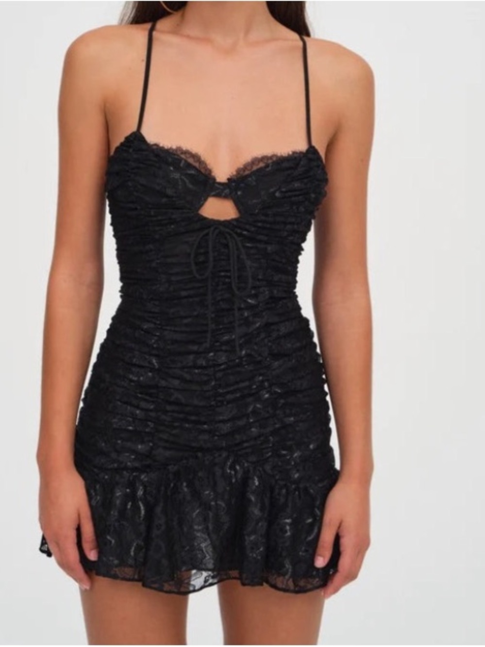 For Love & Lemons Bette Black Lace Ruched Mini Dress